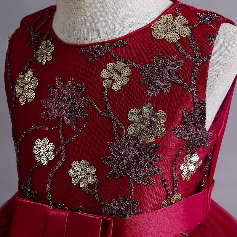 Girls Dress Embroidered Sequin Flower Trailing