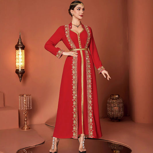 Arab Court Hongjin Embroidered V-neck Fake Two-piece Long Skirt