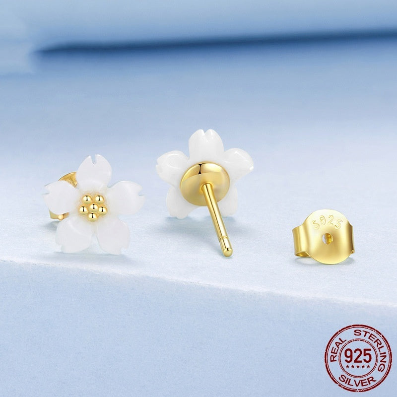 S925 Sterling Silver Cherry White Fritillary Stud Earrings