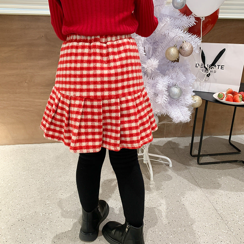 Baby Christmas Woolen Plaid Pleated Skirt