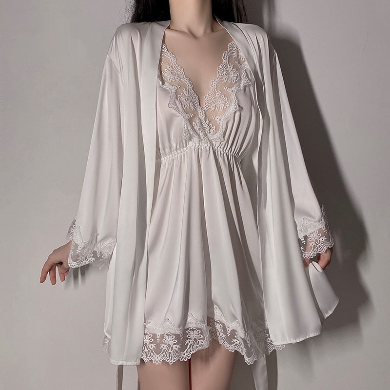Sexy Deep V Thin Pajamas Lace See-through Slip Nightdress Lace-up Outerwear Gown Homewear Suit