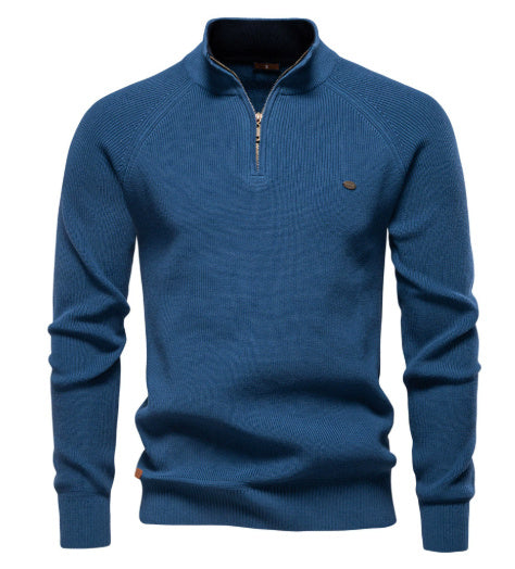 Men's Zipper Stand Collar Knitted Sweater Fashion Slim Solid Color Long Sleeve Half Turtleneck Top Men's Clothing