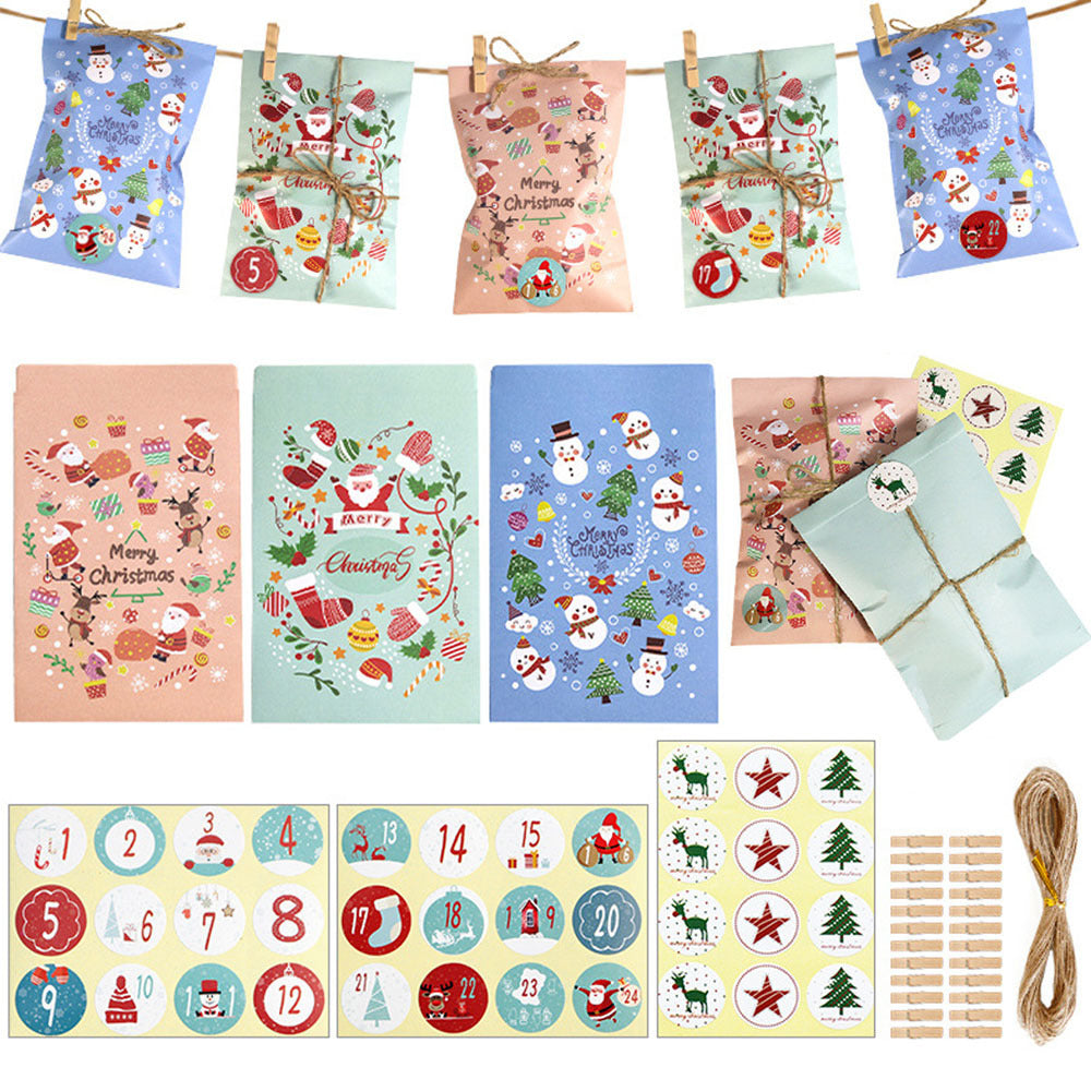 48 Pack Christmas Advent Calendar Bags Kit Envelope Shape Paper Gift Bags With Advent Numbers Stickers Clips And Rope Santa Claus Snowman Pattern Goodie Candy Treat Bags For Xmas Party Tree Decoration