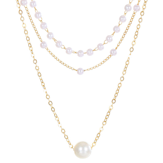 Pearl Chain Pendant Three-layer Necklace For Women Twin All-matching