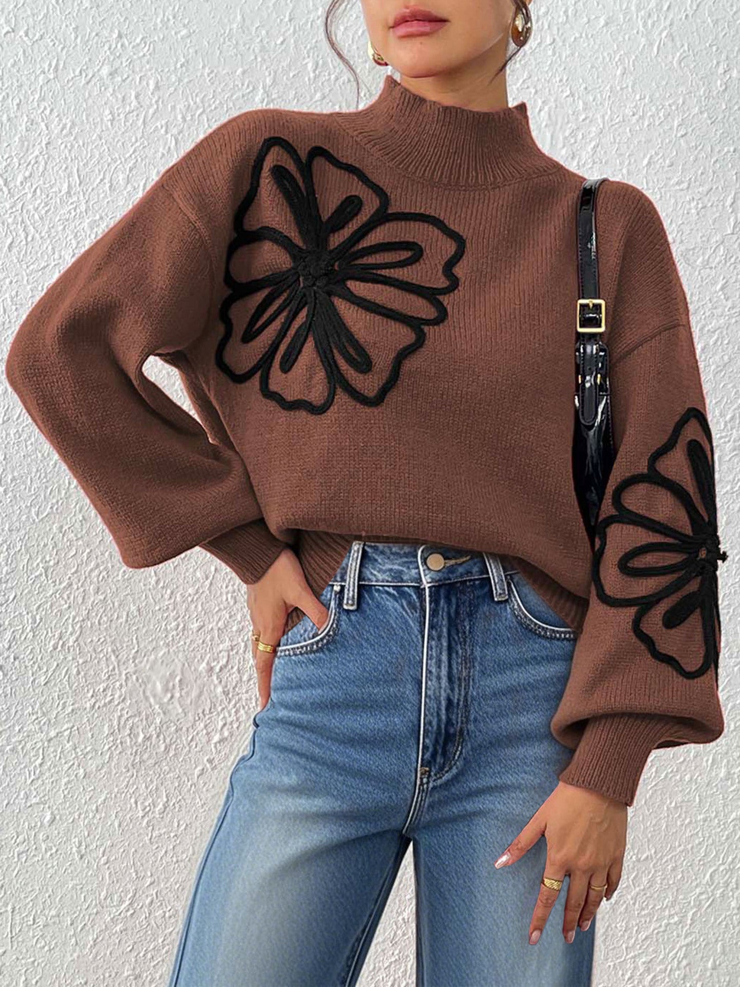 Women's Three-dimensional Ribbon Embroidery Flower Mock Neck Sweater