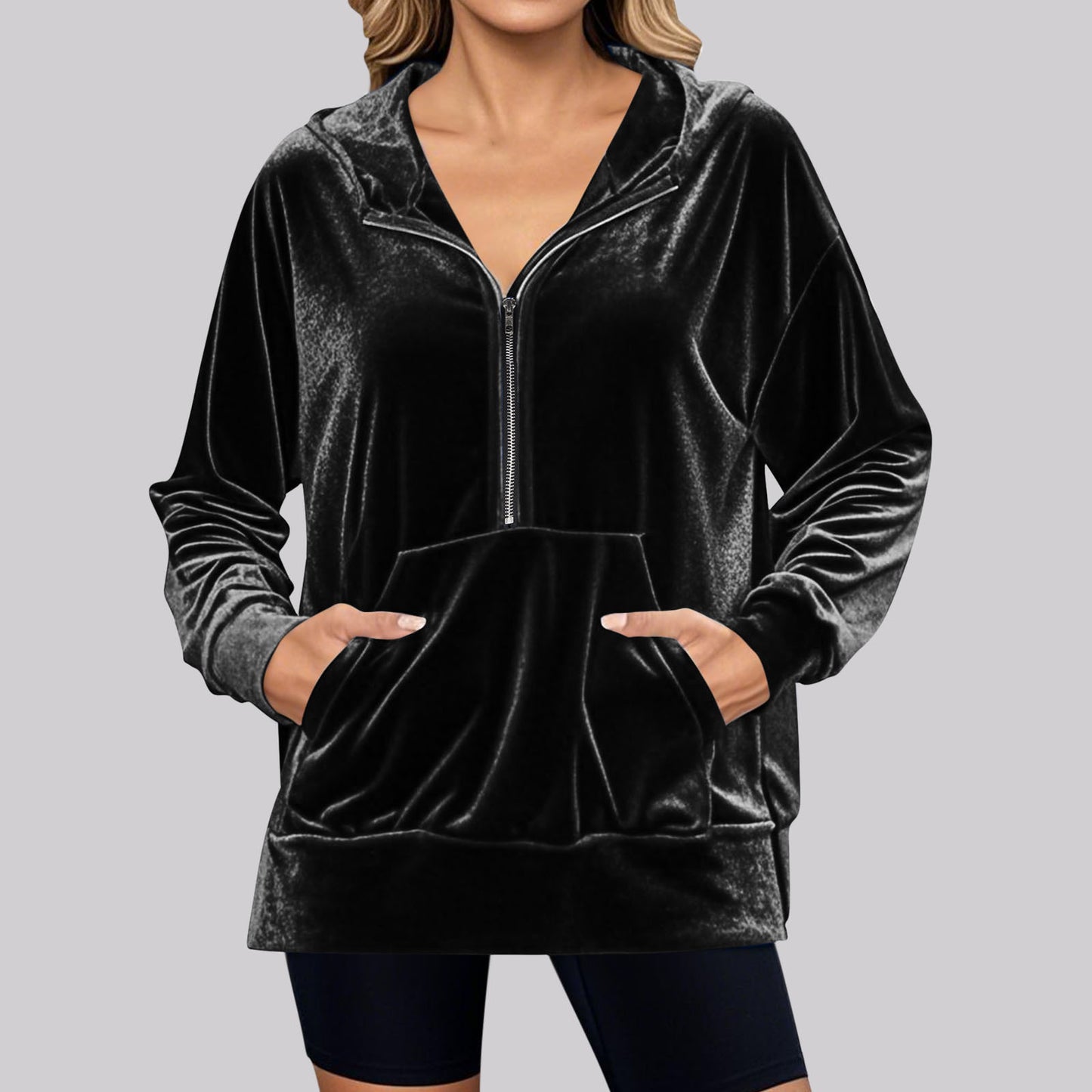 Loose Long Sleeve Zipper Pocket Pleuche Top Women