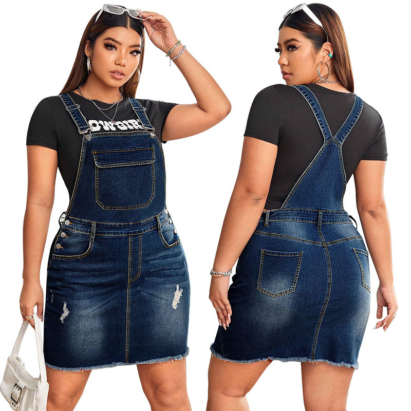 Fashionable Plus-Size Denim Suspender Dress For Women