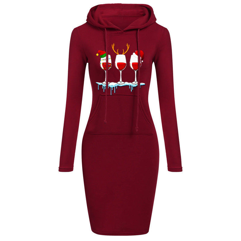 Christmas New Printed Hooded Long-sleeved Dress