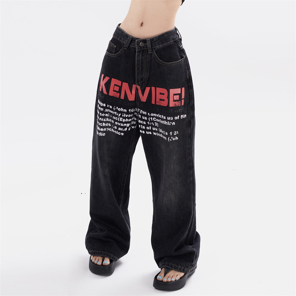 Letter Printing Wash Denim Trousers For Men