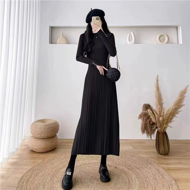 Match With Coat Mid-length Below The Knees Waist Trimming Base Knitting Woolen Skirt