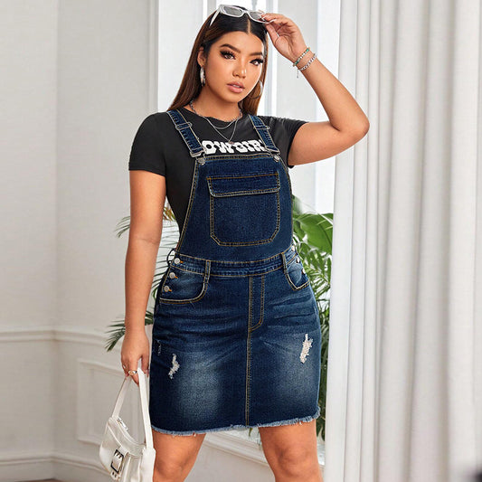 Fashionable Plus-Size Denim Suspender Dress For Women