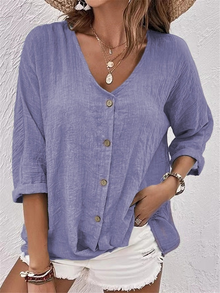 V-neck Long-sleeved T-shirt Fashion Solid Color Button Top Casual Loose Clothing For Women