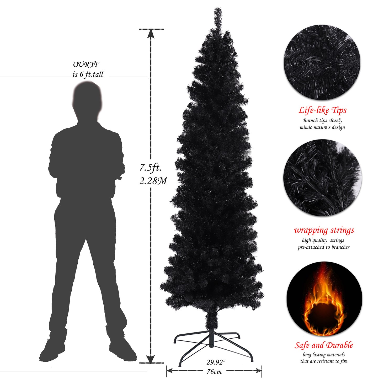 7.5 Ft. Black Slender Artificial Christmas Tree Including Collapsible Metal Stand
