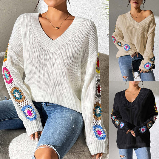 Autumn And Winter Crochet Stitching V-neck Pullover Sweater