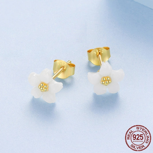 S925 Sterling Silver Cherry White Fritillary Stud Earrings