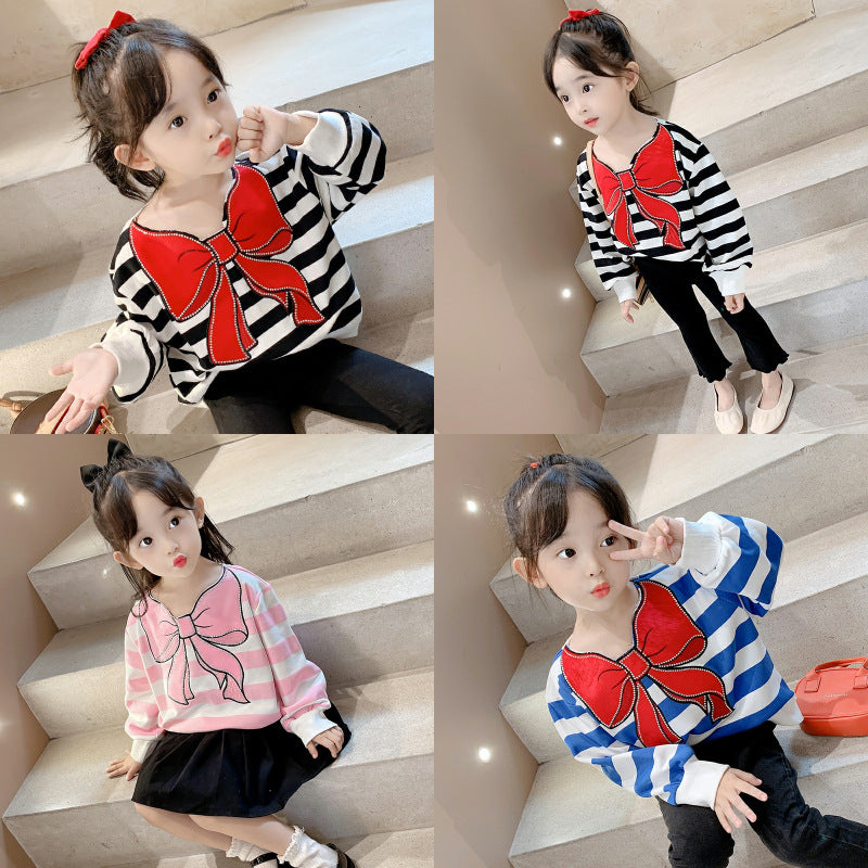 Children's Personality Cute Bow Striped Long-sleeved Top