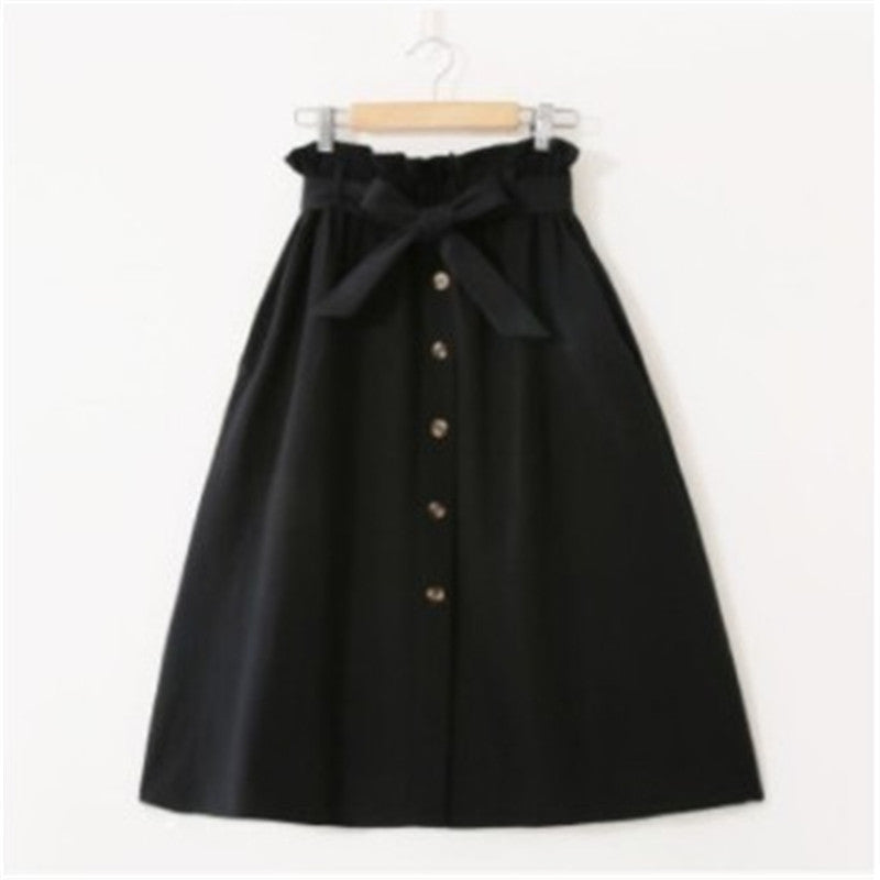 Elegant Button High Waist Skirt Female Pleated Skirt