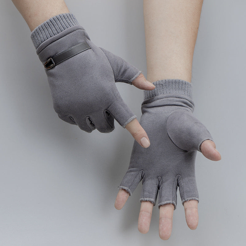 Men's Plush Outdoor Suede Fingerless Sports Warm Gloves