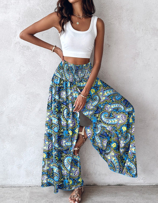 Women's Retro Floral Printed Waist-controlled Wide-leg Pants