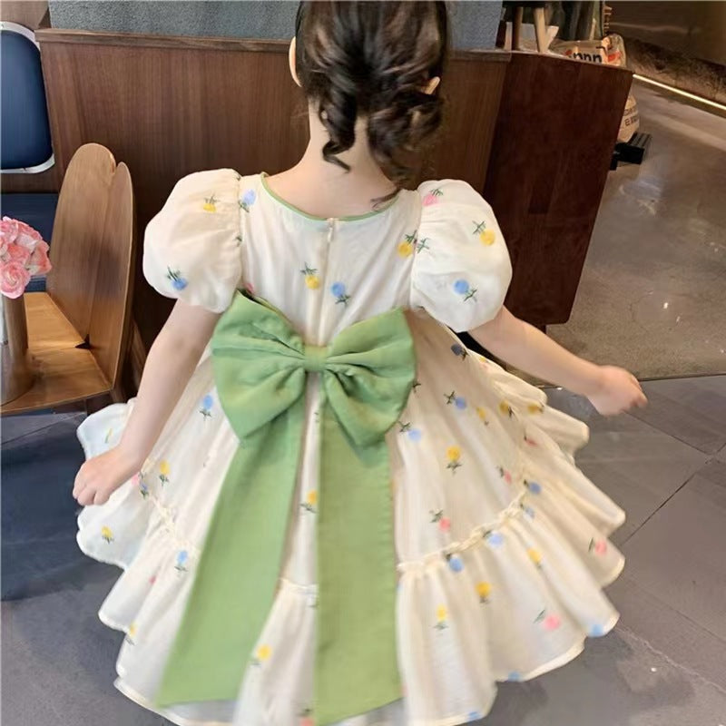Girls' Bubble Sleeve Bow Floral Dress