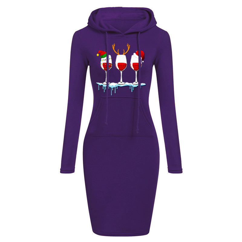 Christmas New Printed Hooded Long-sleeved Dress
