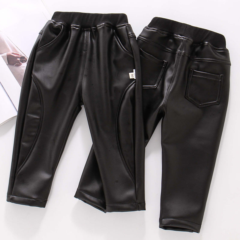 Boys Autumn And Winter Leather Pants, Boys One-piece Cotton Pants