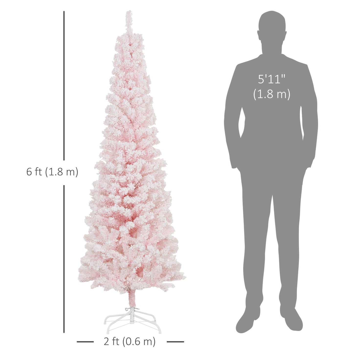 6ft Flocked Christmas Tree, Pencil Christmas Tree With Realistic Branch Tips, Folding Metal Stand
