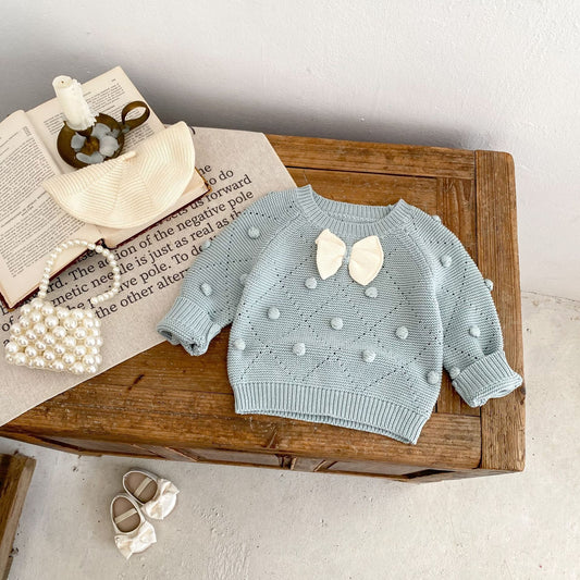 Girls' Bow Cotton Knitted Long-sleeved Top
