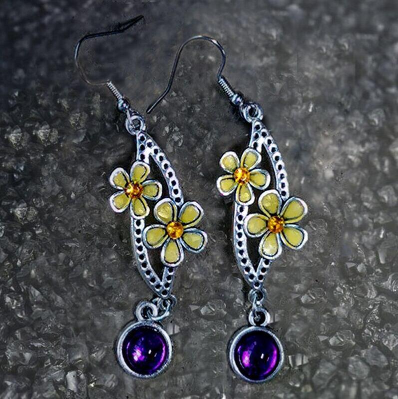 Retro Yellow Flower Purple Stone Antique Silver Orange Rhinestone Personality Swing Earrings