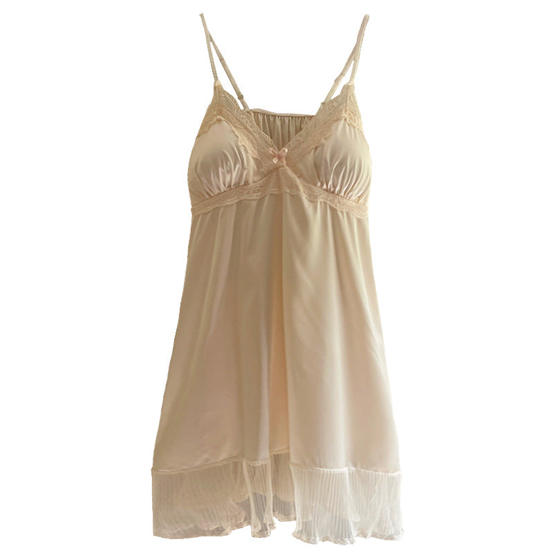 Lace Stretch Ice Silk Strap Night Dress Padded Pajamas