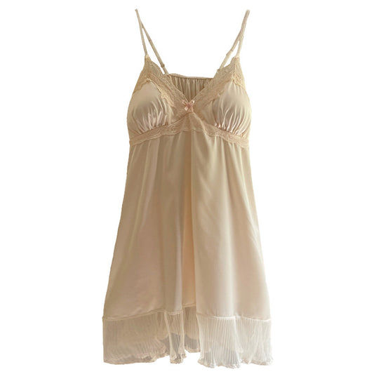Lace Stretch Ice Silk Strap Night Dress Padded Pajamas