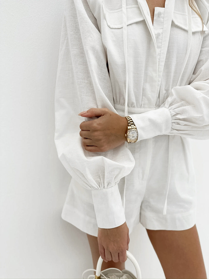 Fashion Loose White Slub Cotton Jumpsuit For Women