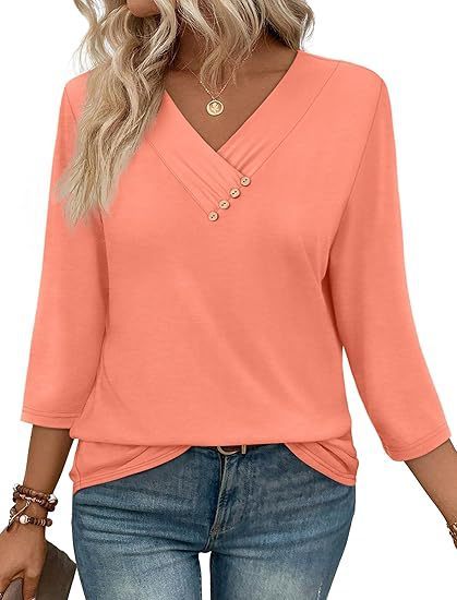 European And American New Autumn Women's Clothing Button V-neck Fashion Casual Sleeve T-shirt