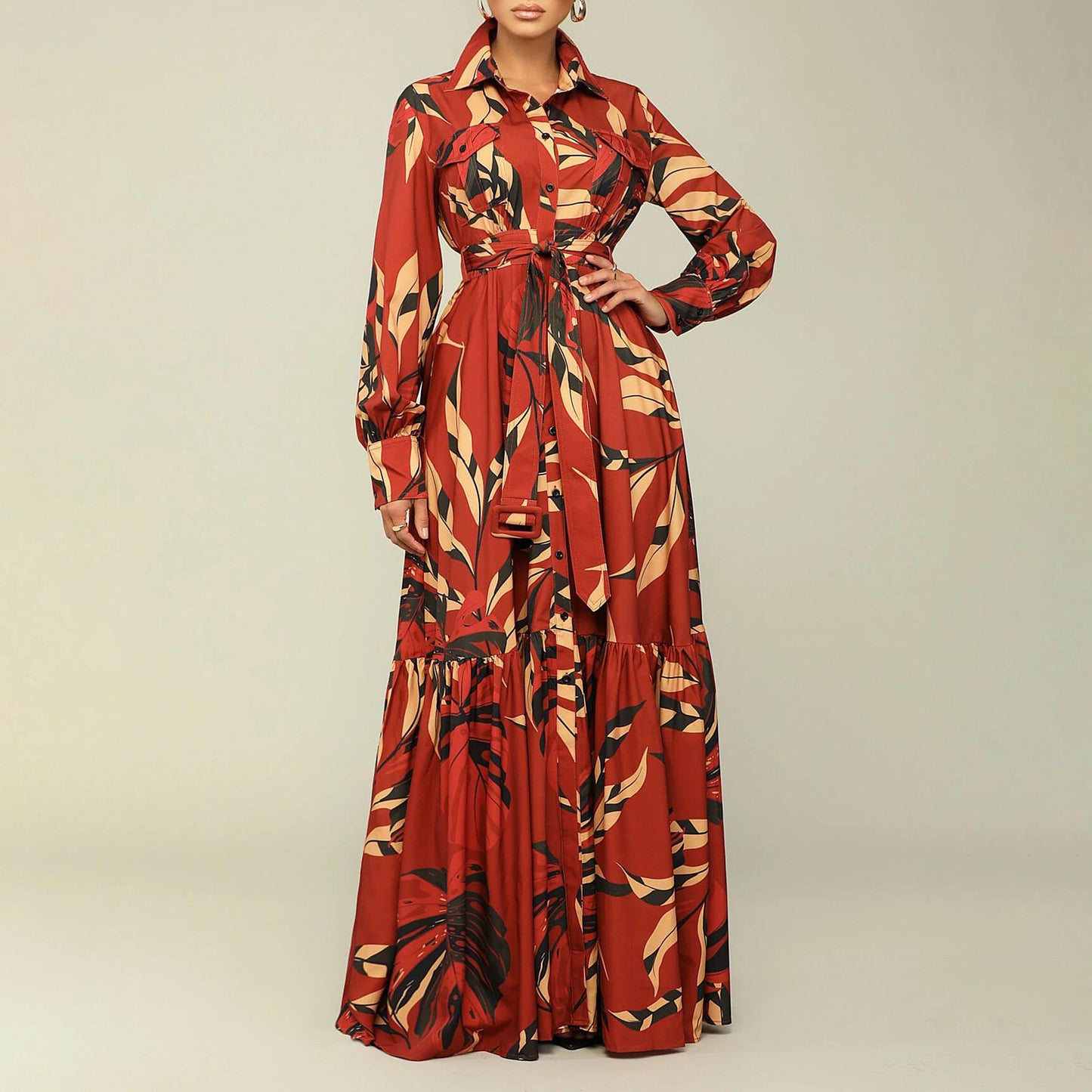 Lapel Lace-up Printed Long Sleeve Shirt Skirt Long Dress