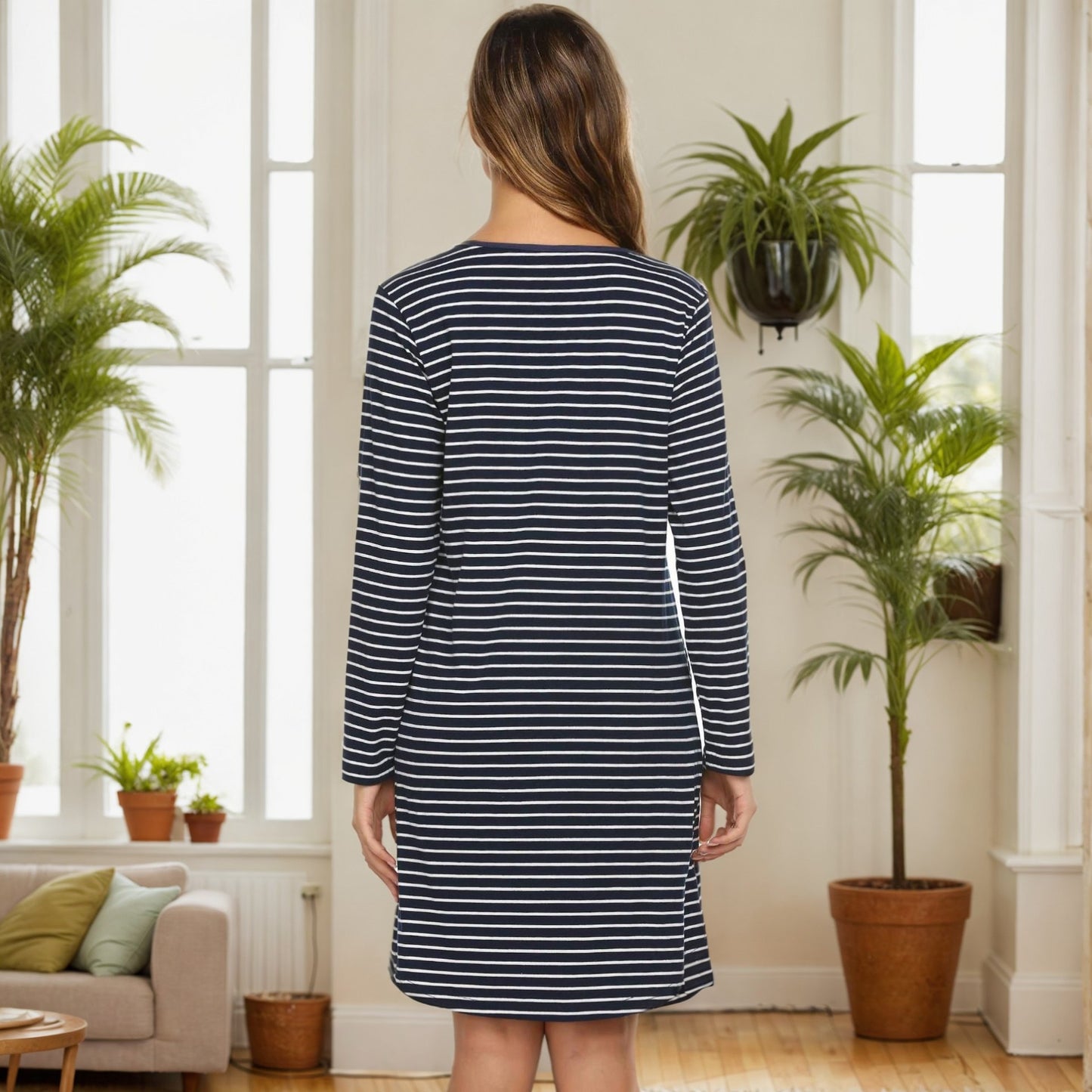 Ladies' Homewear Striped Contrast Color Nightdress