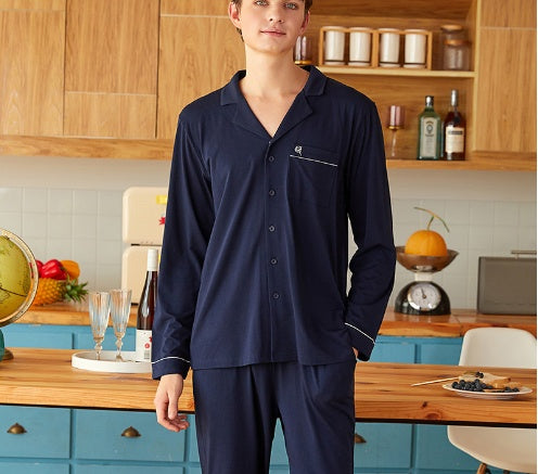 Couple Lapel Long Sleeve Knitted Modal Cotton Pajamas
