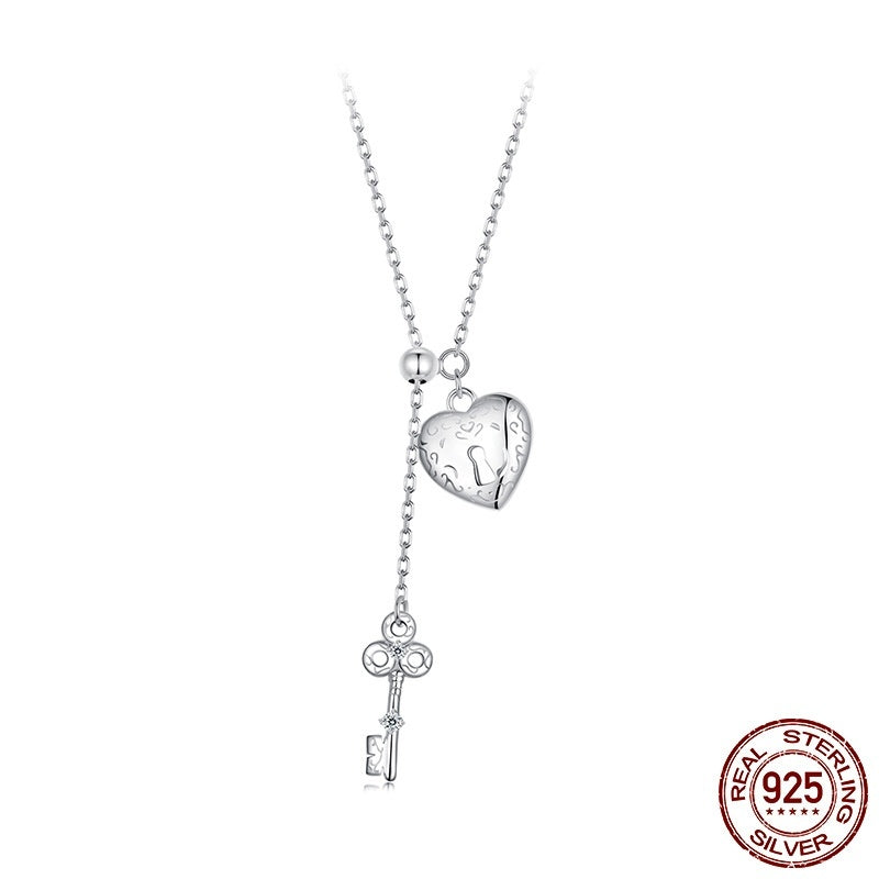 925 Sterling Silver Vintage Pattern Lock Head Key Necklace