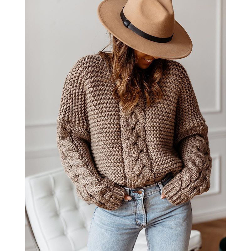 Solid color pullover round neck twist loose sweater