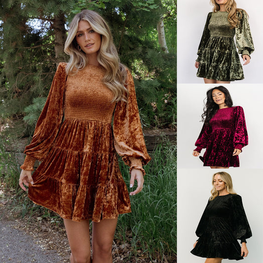 Women's Long-sleeved Ruffled Round Neck Skirt