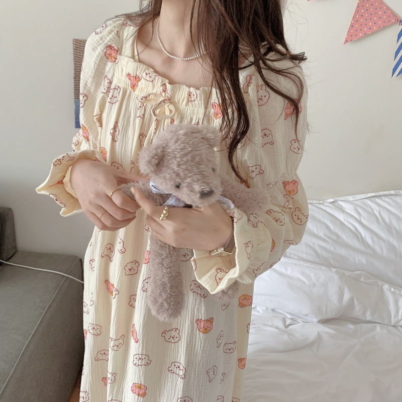 Cute Cartoon Bear Cotton Yarn Nightdress Women's Homewear