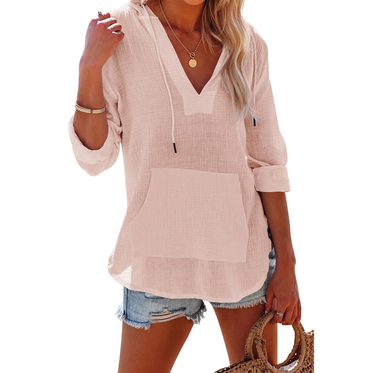 V-neck Hooded Shirt With Pockets Fashion Sports Long-sleeved Split Shirts Tops For Women Clothing