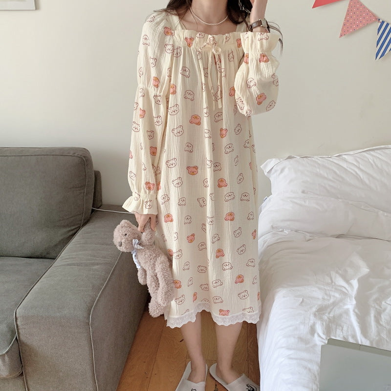 Cute Cartoon Bear Cotton Yarn Nightdress Women's Homewear