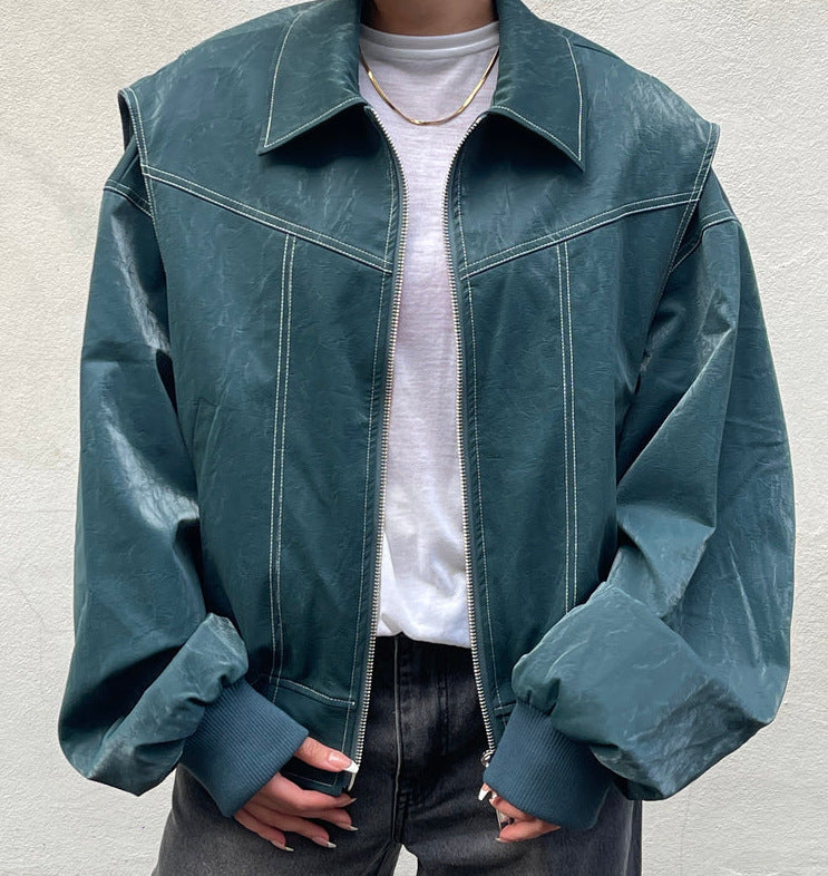 Loose Fashion Lapel Zip-up Jacket Cool Long Sleeve Zipper Closure Moto Biker Leather Jacket Womens Clothing