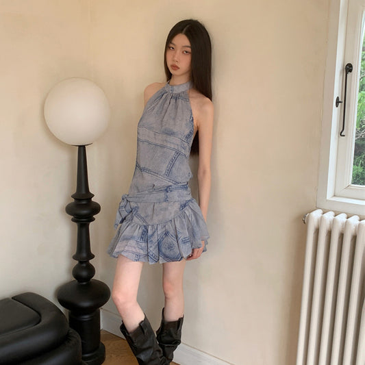 Design Sense Retro Sleeveless Halter Denim Pattern Dress For Women