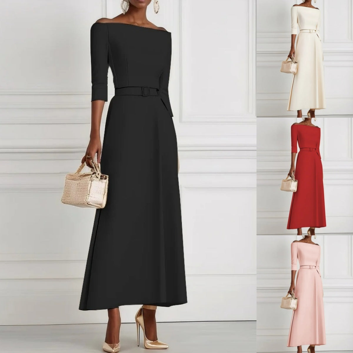 Solid Color Fashion Temperament Waist-controlled Off-shoulder Dress For Women