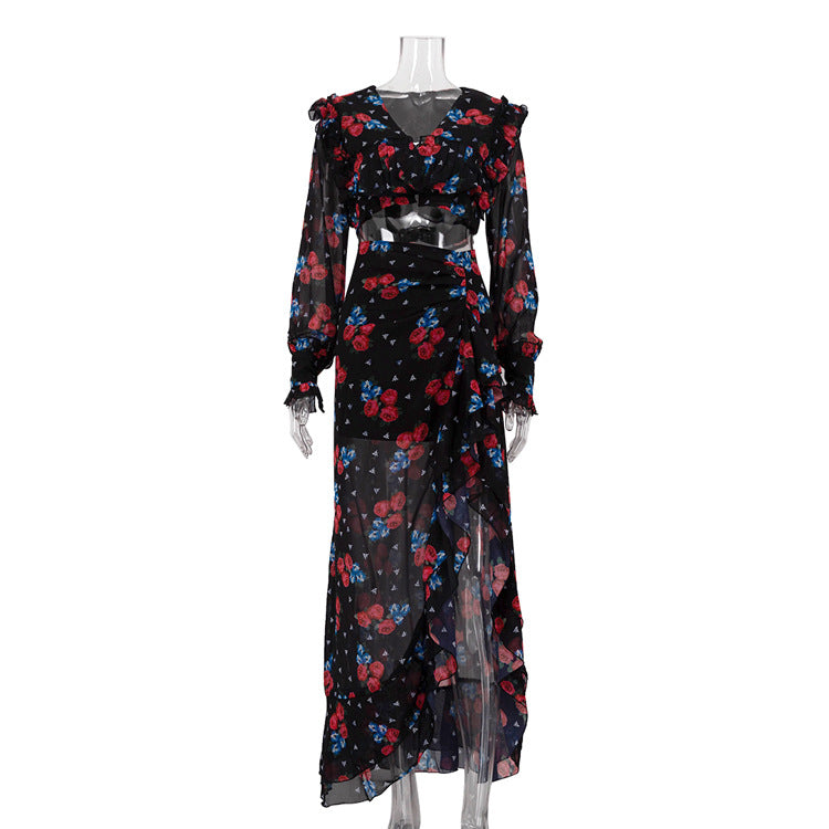 Printed Long Sleeve Short Top Design Ruffled Slit Sheath Skirt Two-piece Set