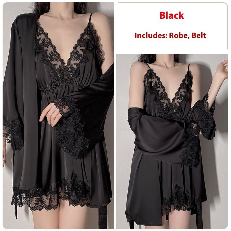 Sexy Deep V Thin Pajamas Lace See-through Slip Nightdress Lace-up Outerwear Gown Homewear Suit