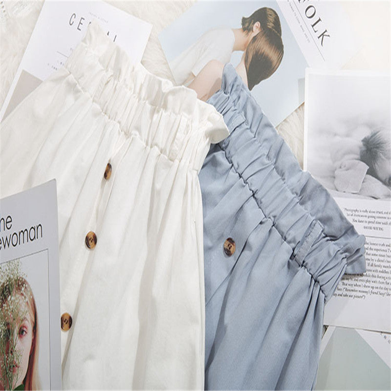 Elegant Button High Waist Skirt Female Pleated Skirt
