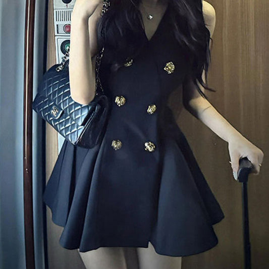 Women's V-neck Tight Waist A- Line Pleated Short Skirt