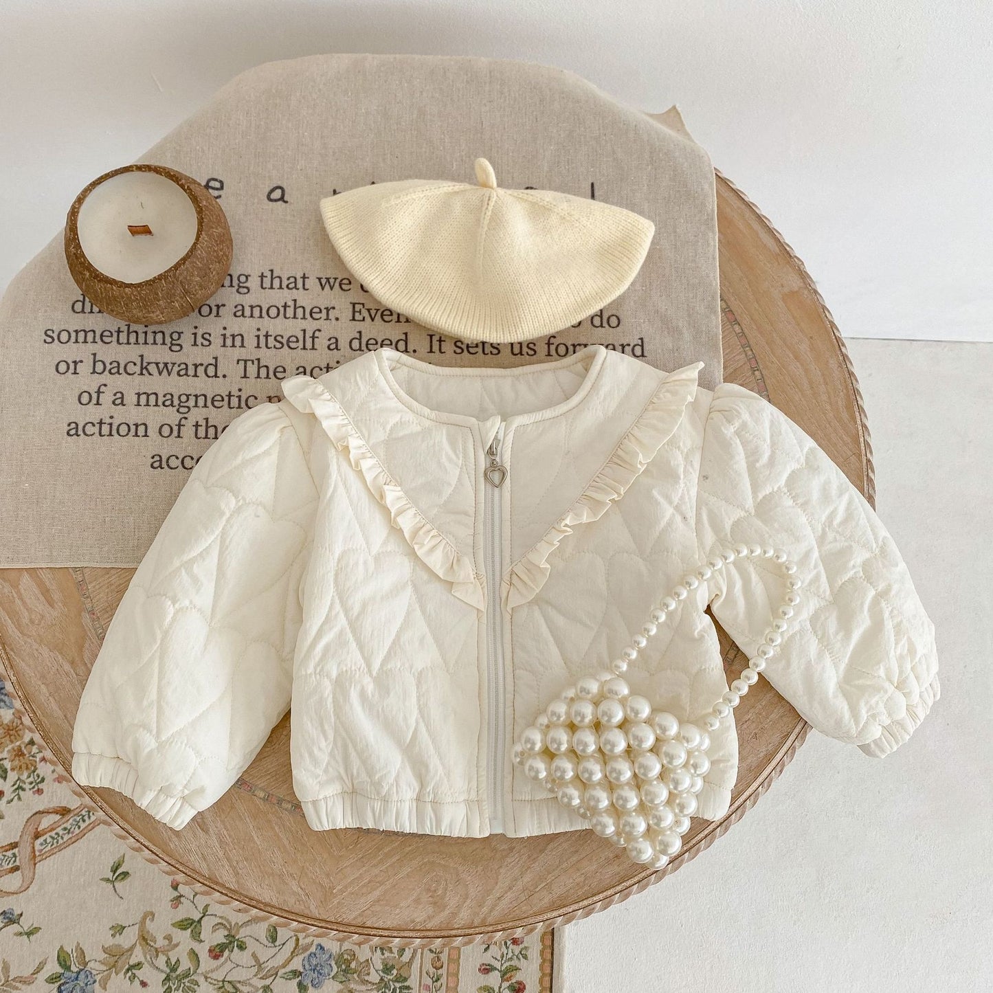 Baby Girls' Cotton-padded Jacket Thickened Heart-shaped Bubble Long Sleeve Cardigan Plaid Coat